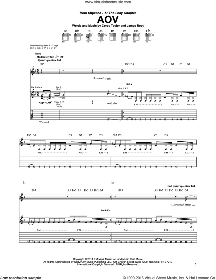 AOV sheet music for guitar (tablature) by Slipknot, Corey Taylor and James Root, intermediate skill level