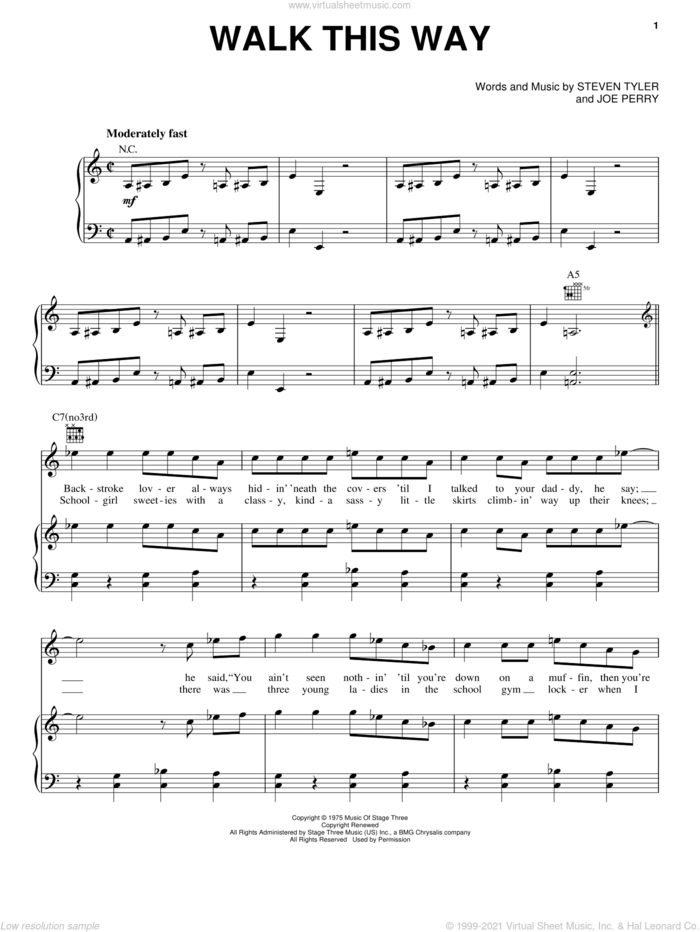 Walk This Way sheet music for voice, piano or guitar by Aerosmith, Run D.M.C., Joe Perry and Steven Tyler, intermediate skill level