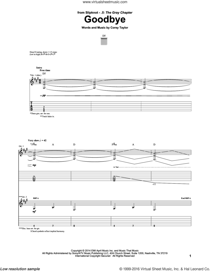 Goodbye sheet music for guitar (tablature) by Slipknot and Corey Taylor, intermediate skill level