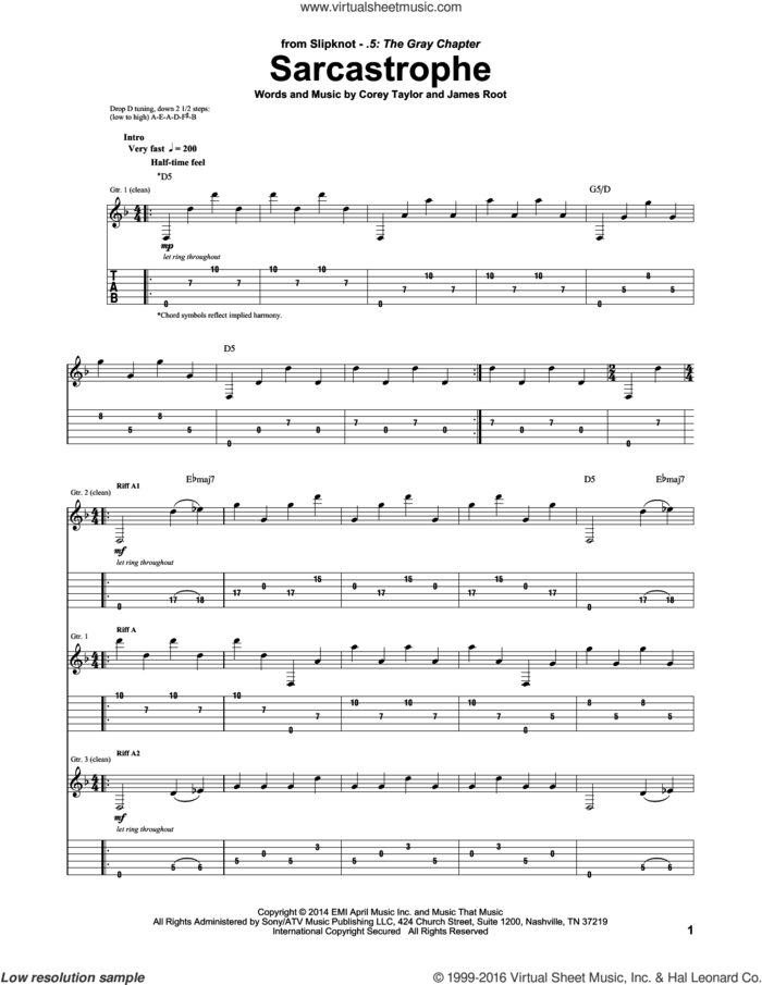Sarcastrophe sheet music for guitar (tablature) by Slipknot, Corey Taylor and James Root, intermediate skill level