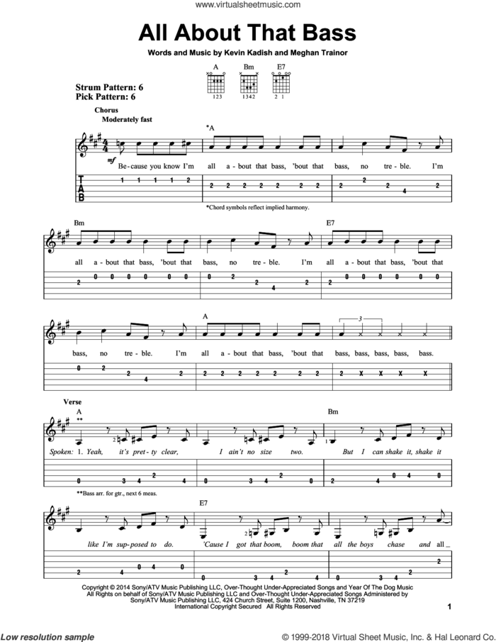 All About That Bass sheet music for guitar solo (easy tablature) by Meghan Trainor and Kevin Kadish, easy guitar (easy tablature)