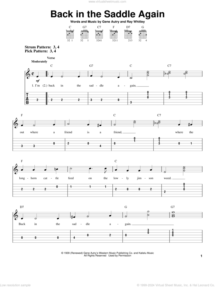 Back In The Saddle Again sheet music for guitar solo (easy tablature) by Gene Autry and Ray Whitley, easy guitar (easy tablature)