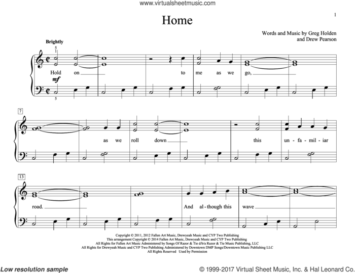 Home sheet music for piano solo (elementary) by John Thompson, Phillip Phillips, Drew Pearson and Greg Holden, beginner piano (elementary)