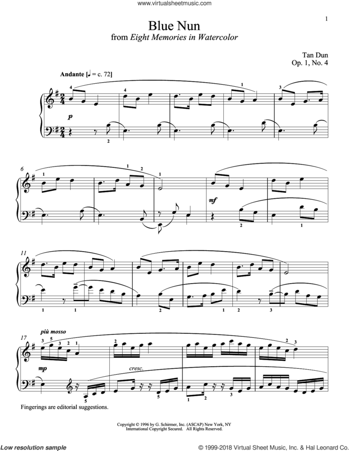 Blue Nun sheet music for piano solo by Tan Dun and Richard Walters, classical score, intermediate skill level