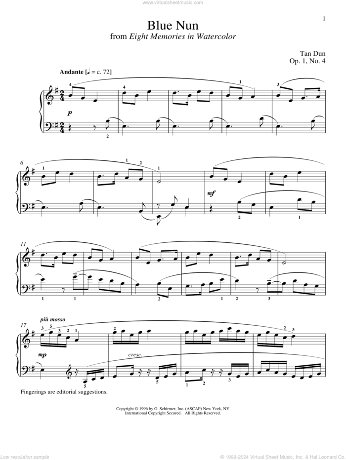 Blue Nun sheet music for piano solo by Tan Dun and Richard Walters, classical score, intermediate skill level