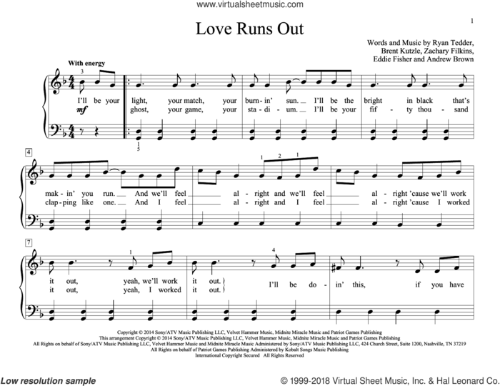 Love Runs Out sheet music for piano solo (elementary) by Andrew Brown, John Thompson, OneRepublic, Brent Kutzle, Eddie Fisher, Ryan Tedder and Zack Filkins, beginner piano (elementary)