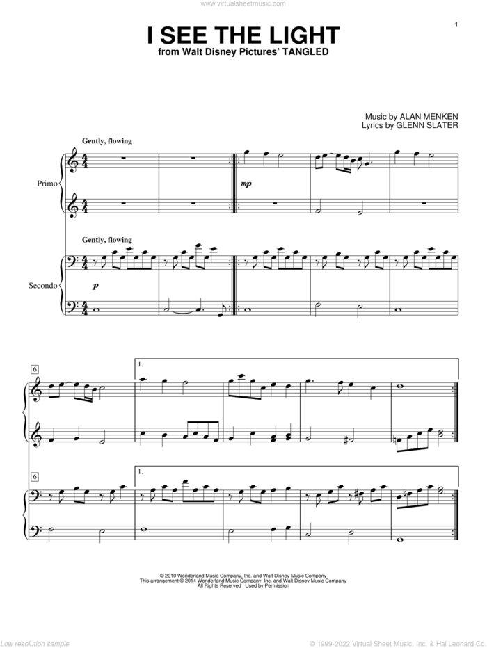 I See The Light (from Tangled) sheet music for piano four hands by Alan Menken and Glenn Slater, intermediate skill level