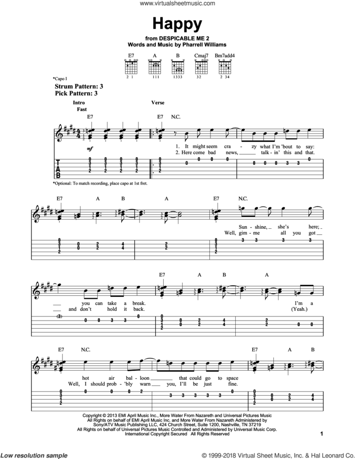 Happy sheet music for guitar solo (easy tablature) by Pharrell and Pharrell Williams, easy guitar (easy tablature)