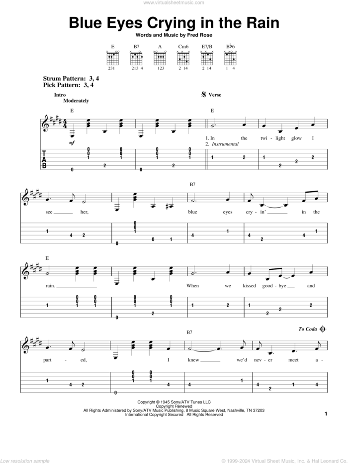 Blue Eyes Crying In The Rain sheet music for guitar solo (easy tablature) by Willie Nelson, Elvis Presley and Fred Rose, easy guitar (easy tablature)