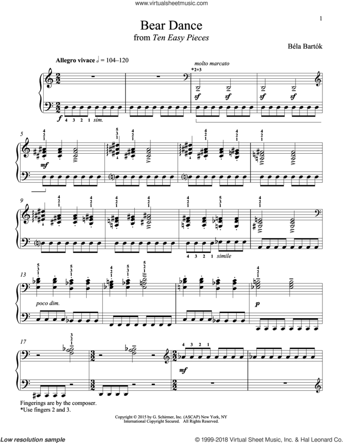 Bear Dance sheet music for piano solo by Bela Bartok, Richard Walters and Bela Bartok, classical score, intermediate skill level