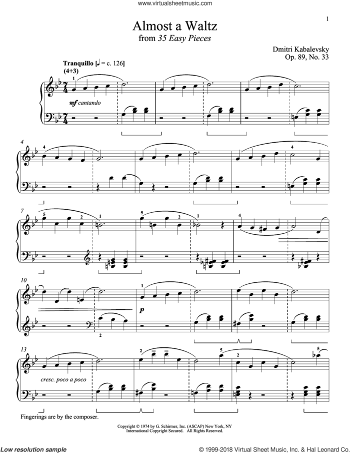 Almost A Waltz sheet music for piano solo by Dmitri Kabalevsky and Richard Walters, classical score, intermediate skill level
