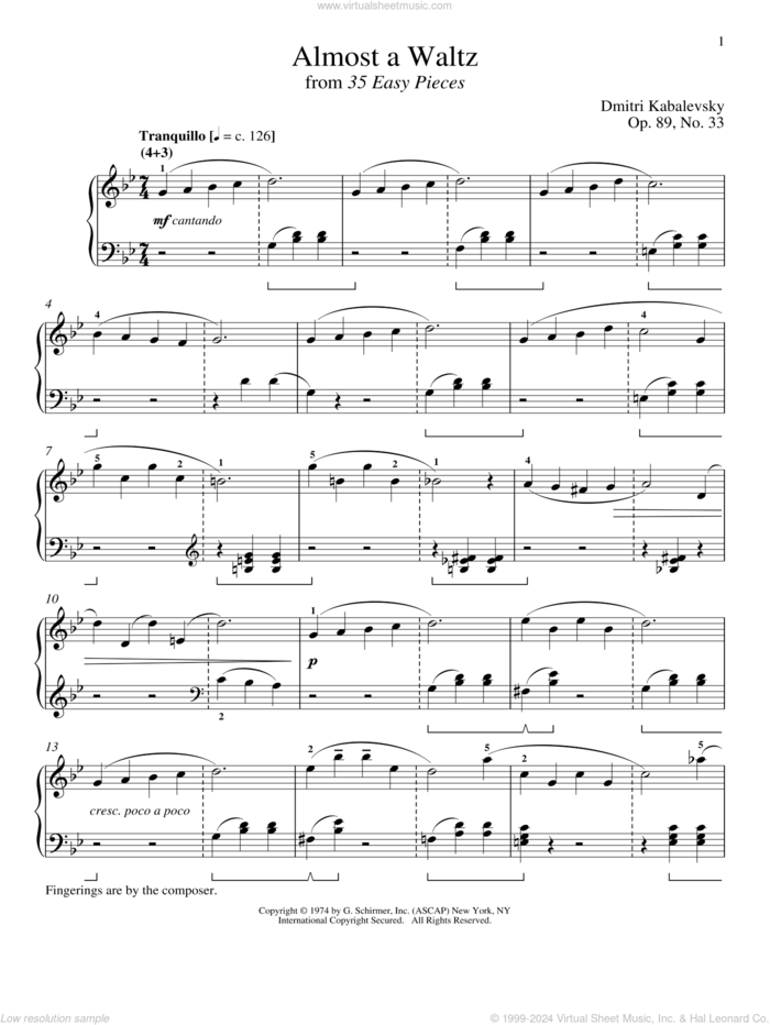 Almost A Waltz sheet music for piano solo by Dmitri Kabalevsky and Richard Walters, classical score, intermediate skill level