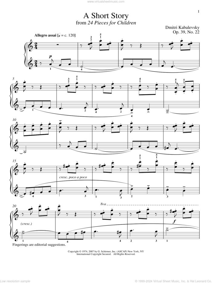 A Short Story sheet music for piano solo by Dmitri Kabalevsky and Richard Walters, classical score, intermediate skill level