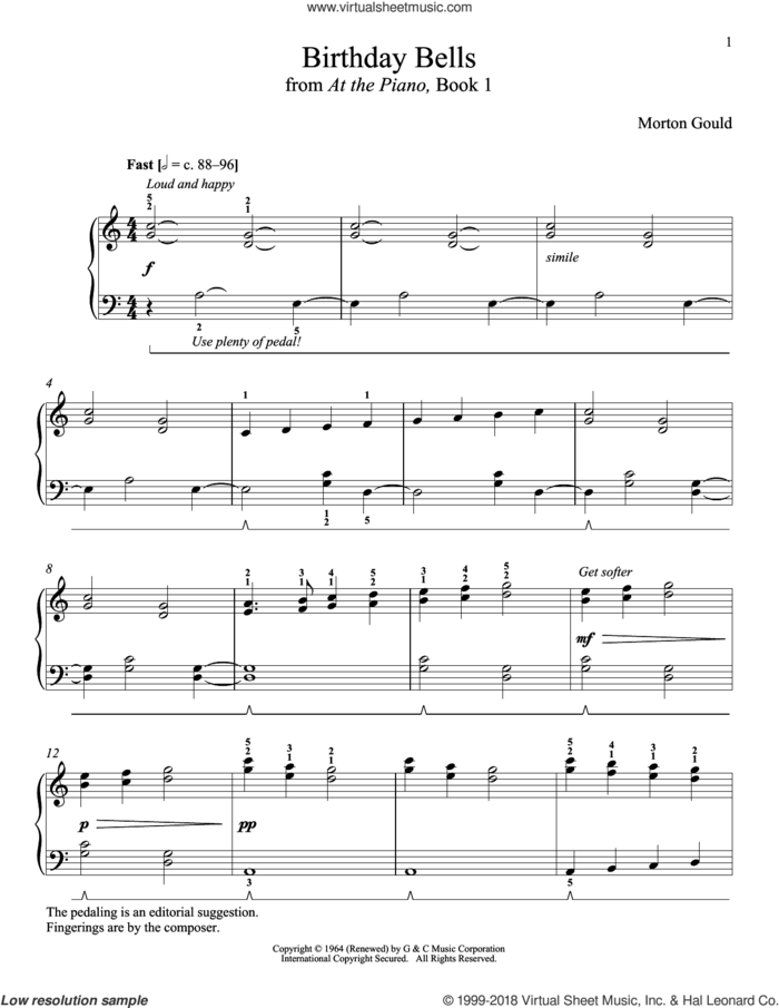 Birthday Bells sheet music for piano solo by Morton Gould and Richard Walters, classical score, intermediate skill level