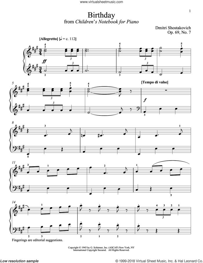 Birthday sheet music for piano solo by Dmitri Shostakovich and Richard Walters, classical score, intermediate skill level