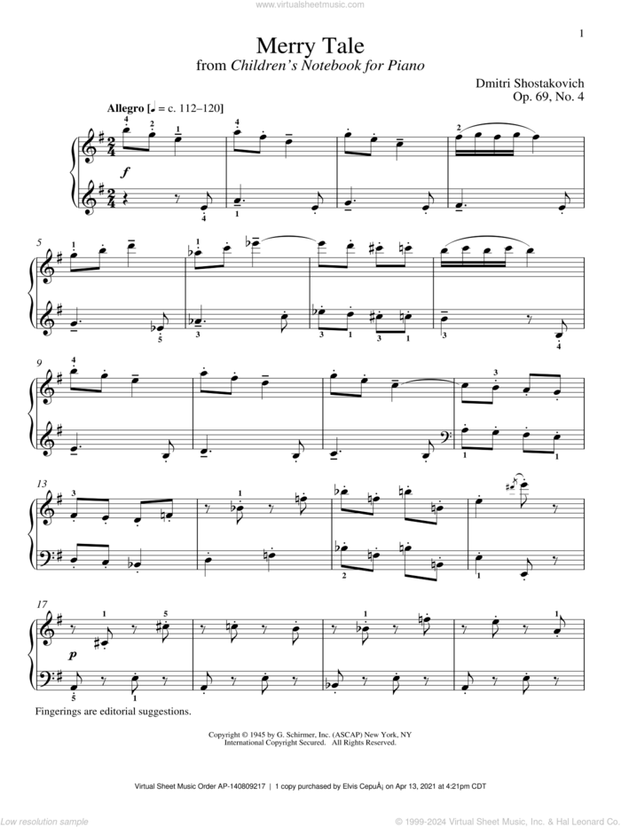 Merry Tale sheet music for piano solo by Dmitri Shostakovich and Richard Walters, classical score, intermediate skill level