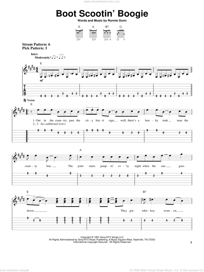 Boot Scootin' Boogie sheet music for guitar solo (easy tablature) by Brooks & Dunn and Ronnie Dunn, easy guitar (easy tablature)