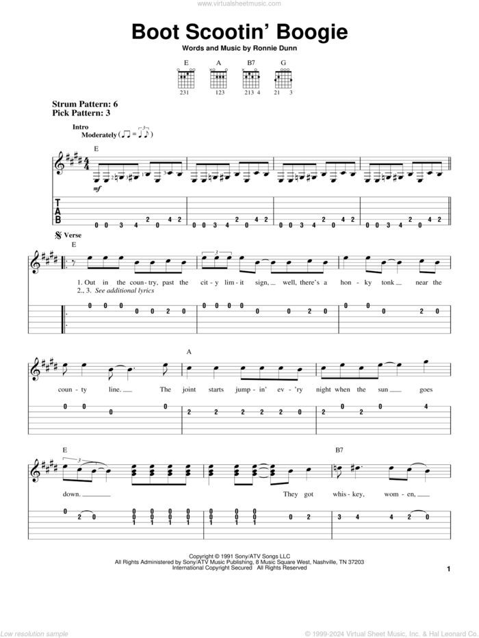 Boot Scootin' Boogie sheet music for guitar solo (easy tablature) by Brooks & Dunn and Ronnie Dunn, easy guitar (easy tablature)