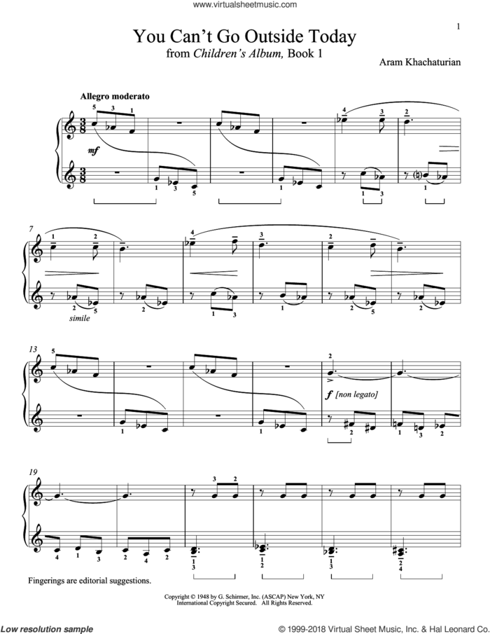 Ivan Can't Go Out Today sheet music for piano solo by Aram Khachaturian and Richard Walters, classical score, intermediate skill level