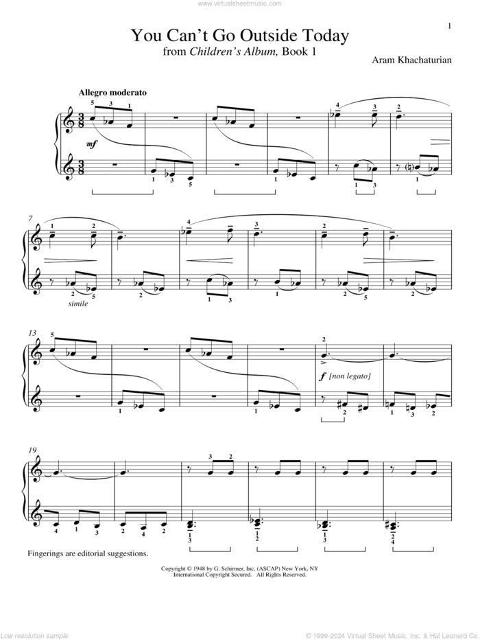 Ivan Can't Go Out Today sheet music for piano solo by Aram Khachaturian and Richard Walters, classical score, intermediate skill level