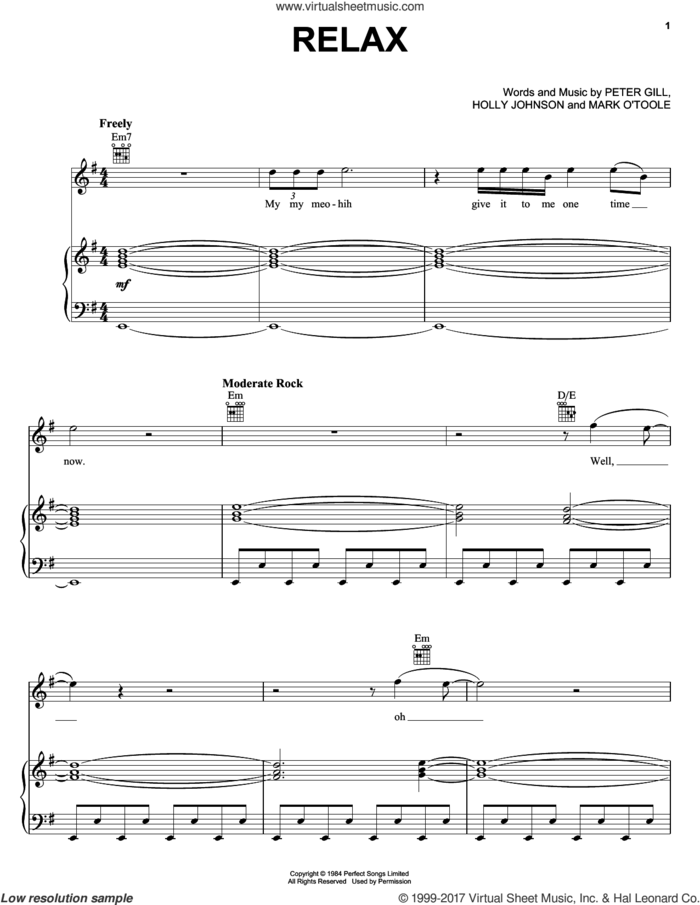 Relax sheet music for voice, piano or guitar by Peter Gill and Holly Johnson, intermediate skill level