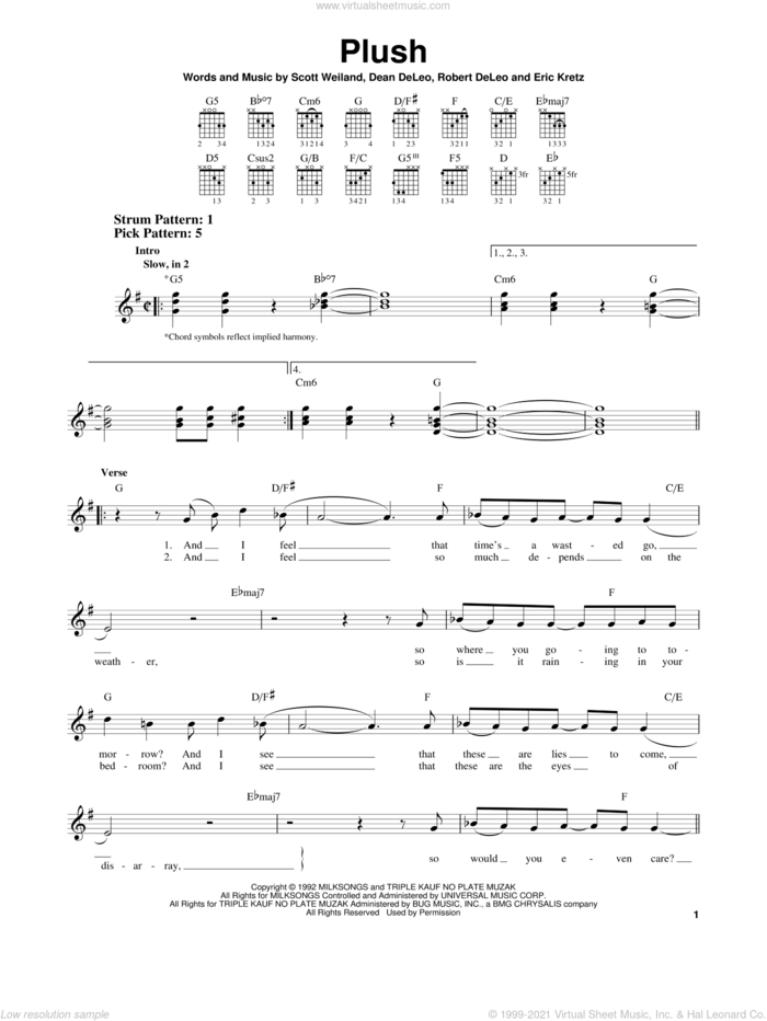 Plush sheet music for guitar solo (chords) by Stone Temple Pilots, Dean DeLeo, Eric Kretz, Robert DeLeo and Scott Weiland, easy guitar (chords)