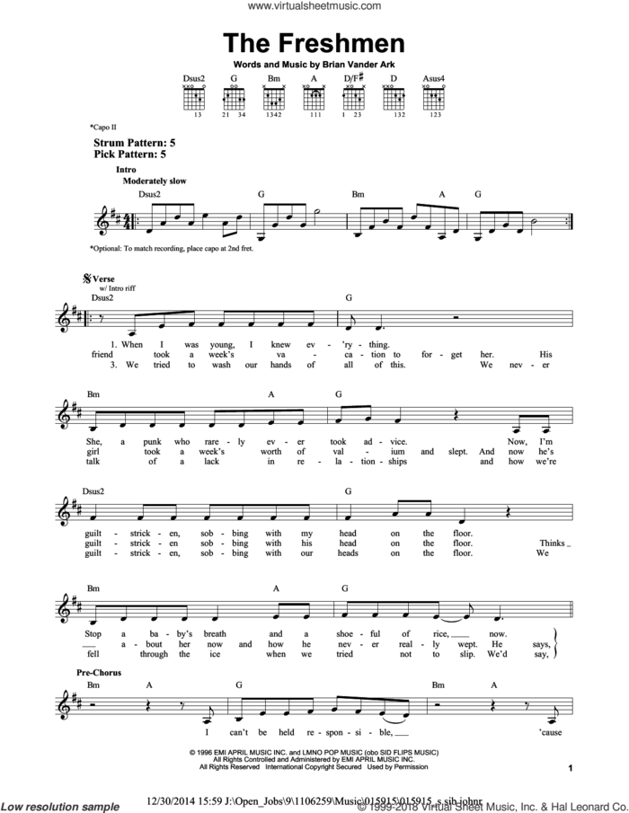The Freshmen sheet music for guitar solo (chords) by The Verve Pipe and Brian Vander Ark, easy guitar (chords)