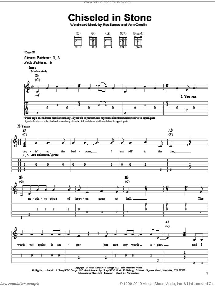 Chiseled In Stone sheet music for guitar solo (easy tablature) by Vern Gosdin and Max Barnes, easy guitar (easy tablature)