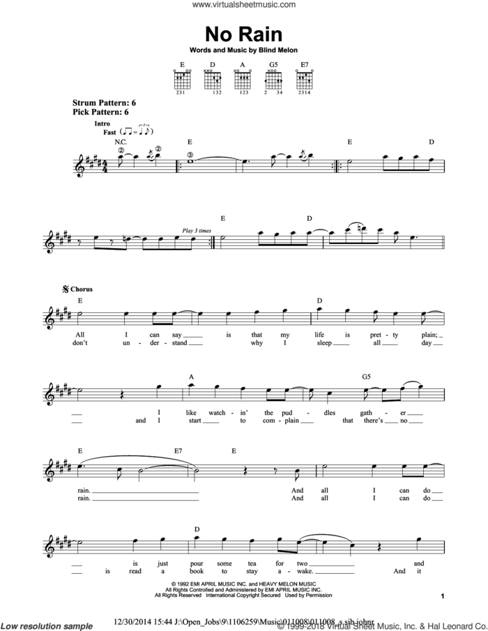 No Rain sheet music for guitar solo (chords) by Blind Melon, easy guitar (chords)