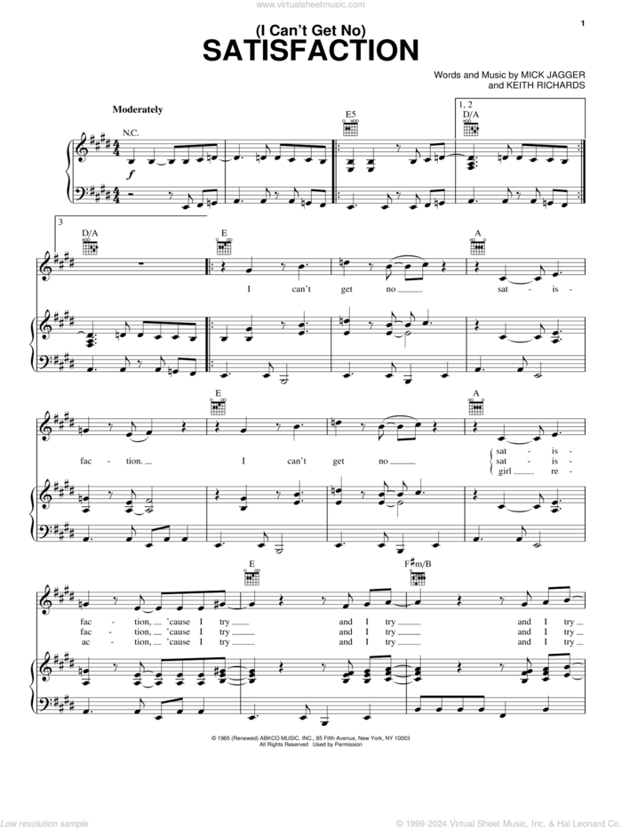 (I Can't Get No) Satisfaction sheet music for voice, piano or guitar by The Rolling Stones, Keith Richards and Mick Jagger, intermediate skill level
