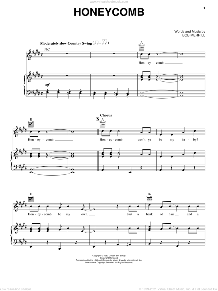 Honeycomb sheet music for voice, piano or guitar by Jimmie Rodgers and Bob Merrill, intermediate skill level
