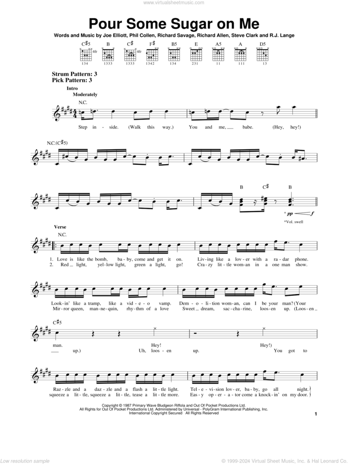 Pour Some Sugar On Me sheet music for guitar solo (chords) by Def Leppard, Joe Elliott, Phil Collen, Richard Allen, Richard Savage, Robert John Lange and Steve Clark, easy guitar (chords)