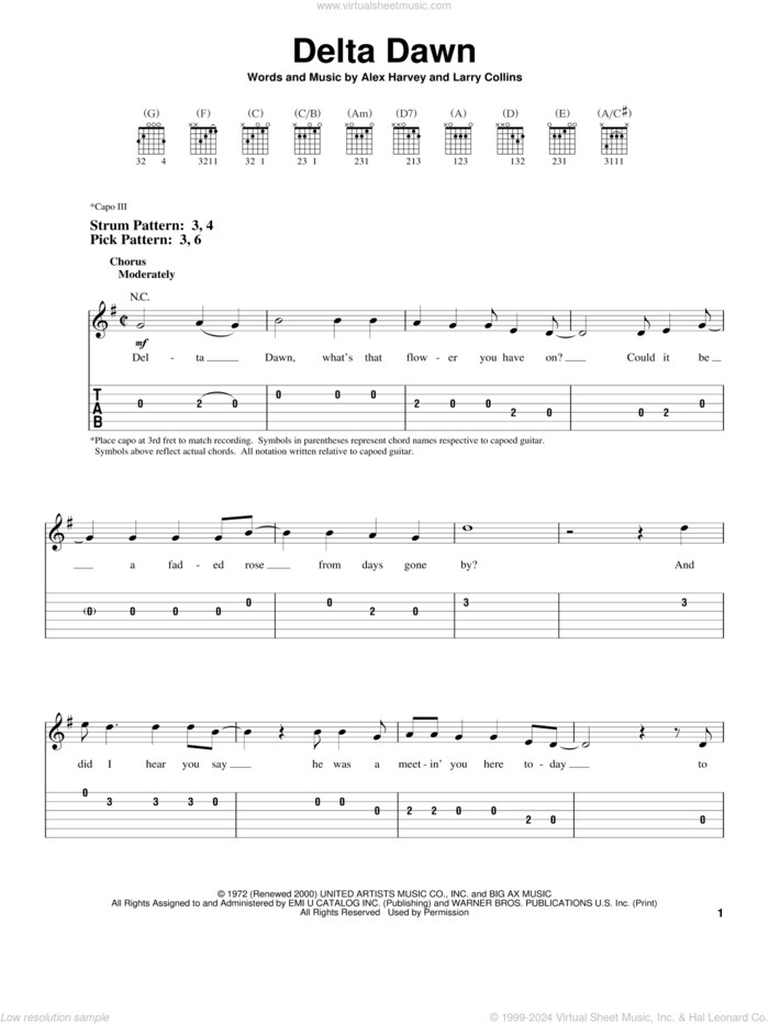 Delta Dawn sheet music for guitar solo (easy tablature) by Tanya Tucker, Helen Reddy, Alex Harvey and Larry Collins, easy guitar (easy tablature)