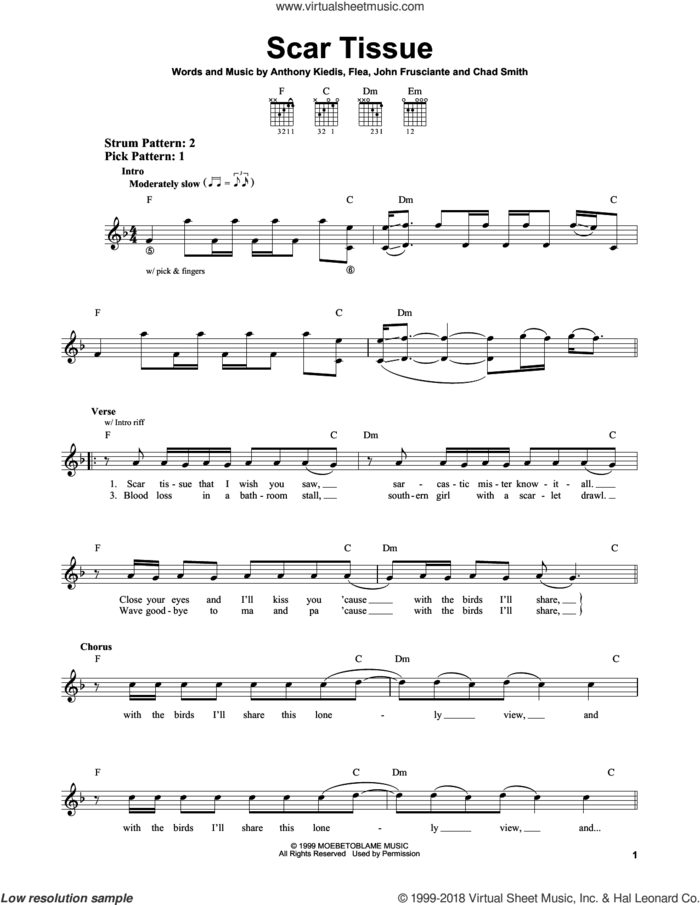 Scar Tissue sheet music for guitar solo (chords) by Red Hot Chili Peppers, Anthony Kiedis, Chad Smith, Flea and John Frusciante, easy guitar (chords)