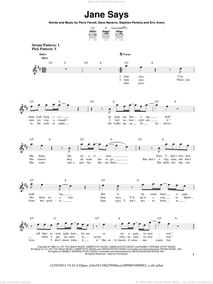 Jane Says sheet music for guitar solo (chords) by Jane's Addiction, Dave Navarro, Eric Avery, Perry Farrell and Stephen Perkins, easy guitar (chords)