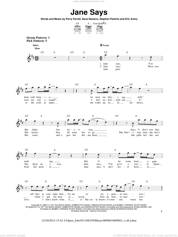 Jane Says sheet music for guitar solo (chords) by Jane's Addiction, Dave Navarro, Eric Avery, Perry Farrell and Stephen Perkins, easy guitar (chords)