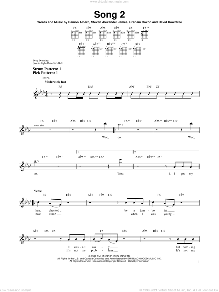 Song 2 sheet music for guitar solo (chords) by Blur, Damon Albarn, David Rowntree, Graham Coxon and Steven Alexander James, easy guitar (chords)