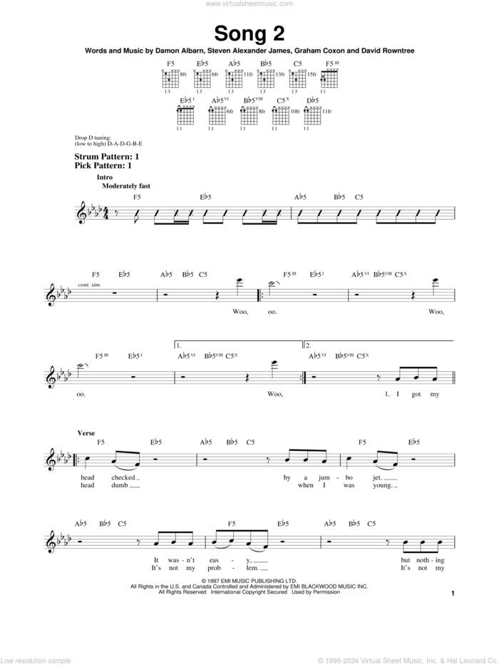 Song 2 sheet music for guitar solo (chords) by Blur, Damon Albarn, David Rowntree, Graham Coxon and Steven Alexander James, easy guitar (chords)