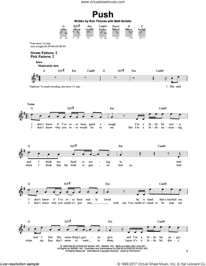 Push, (easy) sheet music for guitar solo (chords) by Matchbox Twenty, Matchbox 20, Matt Serletic and Rob Thomas, easy guitar (chords)