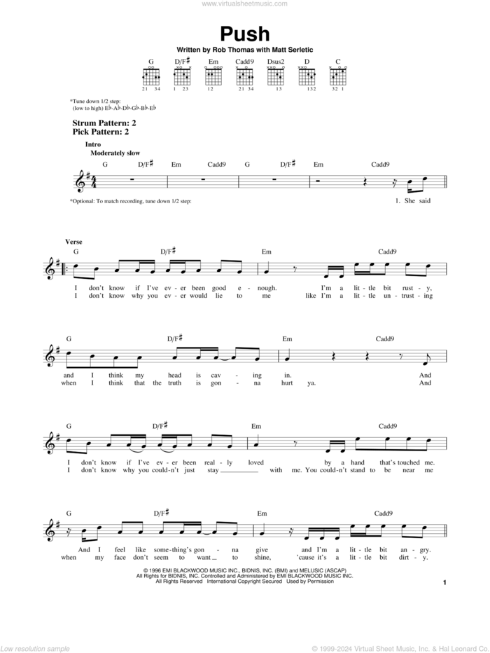 Push, (easy) sheet music for guitar solo (chords) by Matchbox Twenty, Matchbox 20, Matt Serletic and Rob Thomas, easy guitar (chords)