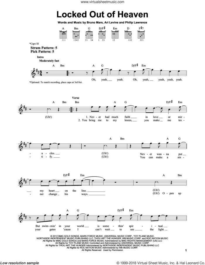 Locked Out Of Heaven sheet music for guitar solo (chords) by Bruno Mars, Ari Levine and Philip Lawrence, easy guitar (chords)
