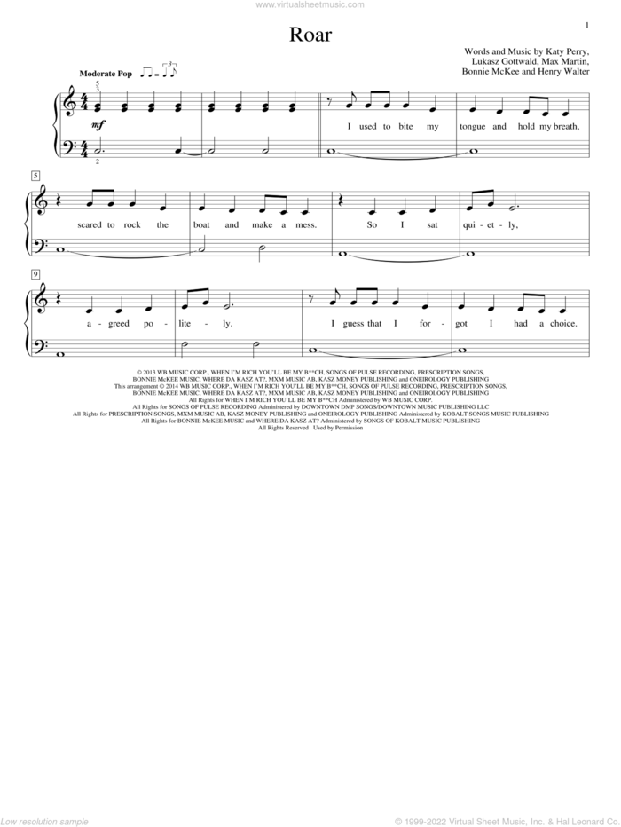 Roar sheet music for piano solo (elementary) by Katy Perry, John Thompson, Bonnie McKee, Henry Walter, Lukasz Gottwald and Max Martin, beginner piano (elementary)