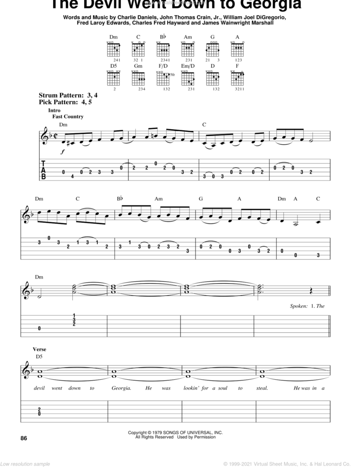 The Devil Went Down To Georgia sheet music for guitar solo (easy tablature) by Charlie Daniels Band, Charles Fred Hayward, Charlie Daniels, Fred Laroy Edwards, James Wainwright Marshall, John Thomas Crain, Jr. and William Joel DiGregorio, easy guitar (easy tablature)