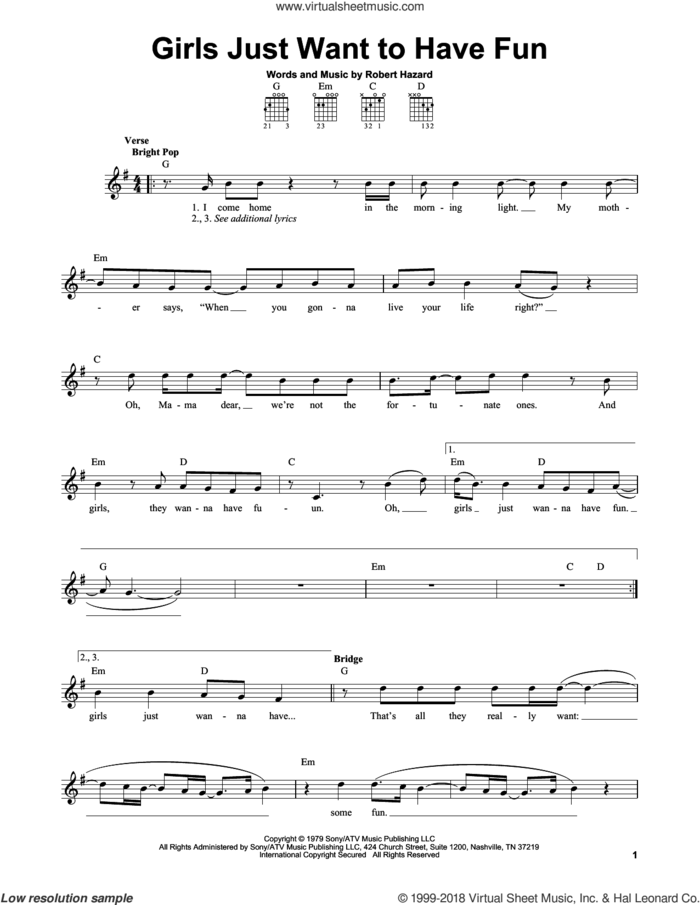 Girls Just Want To Have Fun sheet music for guitar solo (chords) by Cyndi Lauper and Robert Hazard, easy guitar (chords)