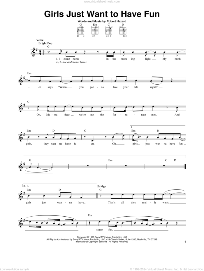 Girls Just Want To Have Fun sheet music for guitar solo (chords) by Cyndi Lauper and Robert Hazard, easy guitar (chords)