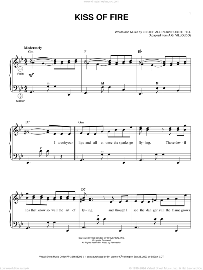 Kiss Of Fire sheet music for accordion by Gary Meisner, Georgia Gibbs, Lester Allen and Robert Hill, intermediate skill level