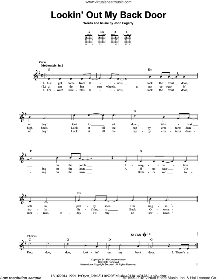 Lookin' Out My Back Door sheet music for guitar solo (chords) by Creedence Clearwater Revival and John Fogerty, easy guitar (chords)