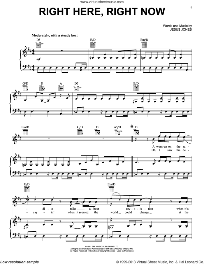 Right Here, Right Now sheet music for voice, piano or guitar by Jesus Jones, intermediate skill level