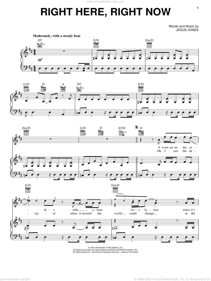 Right Here, Right Now sheet music for voice, piano or guitar by Jesus Jones, intermediate skill level