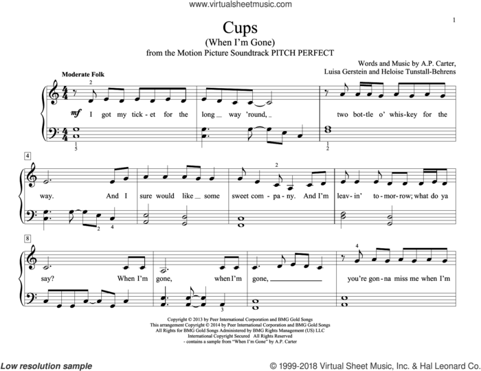 Cups (When I'm Gone) sheet music for piano solo (elementary) by Anna Kendrick, A.P. Carter, Heloise Tunstall-Behrens and Luisa Gerstein, beginner piano (elementary)